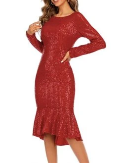 Women‘s Party Dress Sequin Dress Wedding Guest Dress Midi Dress Wine Long Sleeve Pure Color Sparkly Glitter Sequins Spring Fall Winter Crew Neck Fashion Winter Dress Wedding Guest Evening Party -Tesla Style utxxzm1692786616786