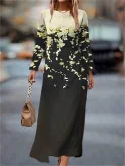 Women's Work Dress Casual Dress Semi Formal Dress Fashion Winter Dress Daily Midi Dress Print Crew Neck Long Sleeve Floral Slim Pink Purple Green Fall Winter S M L XL XXL -Tesla Style utyonu1694426135332