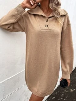 Women's Sweater Dress Jumper Dress Casual Dress Mini Dress Warm Pure Color Outdoor Casual Daily Going Out Lapel Long Sleeve Button 2023 Loose Fit Khaki S M L -Tesla Style uudliz1695106687167