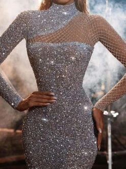 Women's Party Dress Sequin Dress Long Dress Maxi Dress Silver Long Sleeve Pure Color Sequins Fall Winter Autumn Crew Neck Fashion Winter Dress Wedding Guest Fall Dress Slim 2023 M L XL XXL -Tesla Style uufabp1645777235509