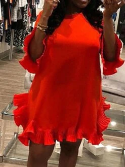 Women's Work Dress Chiffon Dress Semi Formal Dress Fashion Mini Dress Ruffle Crew Neck 3/4 Length Sleeve Plain Slim Red Fall Winter S M L XL -Tesla Style uuhrvd1693288208116