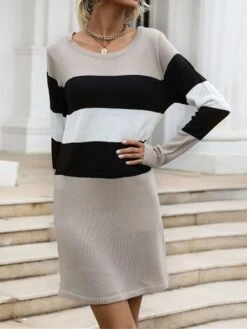 Women's Sweater Dress Winter Dress Jumper Dress Mini Dress Patchwork Outdoor Street Daily Active Fashion Crew Neck Long Sleeve 2023 Regular Fit Khaki Color S M L Size -Tesla Style uuostt1695036369408