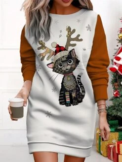 Women's Christmas Casual Dress Sweatshirt Dress Mini Dress Warm Fashion OutdoorVacation Crew Neck Print Animal Loose Fit Black Yellow Red S M L XL XXL -Tesla Style uupxhk1695365429866
