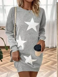 Women's Casual Dress Sweatshirt Dress Winter Dress Star Print Crew Neck Mini Dress Fashion Streetwear Outdoor Daily Long Sleeve Loose Fit Gray Fall Winter S M L XL XXL -Tesla Style uvbwks1694082512762