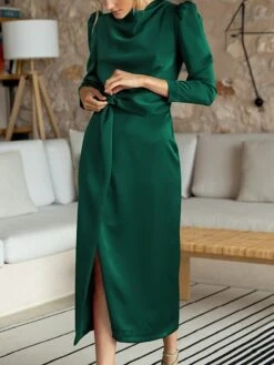 Women's Work Dress Satin Dress Semi Formal Dress Fashion Long Dress Maxi Dress Split Stand Collar Long Sleeve Plain Regular Fit Black Blue Sky Blue Fall Winter S M L XL -Tesla Style uviaoh1692761651097