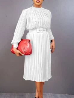 Women's Work Dress Casual Dress Black Dress Fashion Office Daily Workfashion Midi Dress Lace Up Pleated Crew Neck Long Sleeve Plain Regular Fit Black White Red Fall Winter S M L XL XXL -Tesla Style uvpdon1695645191418