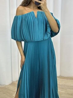 Women's Prom Dress Party Dress Satin Dress Long Dress Maxi Dress Black Yellow Wine Half Sleeve Pure Color Pleated Spring Fall Winter Off Shoulder Fashion Wedding Guest Birthday Evening Party 2023 S M -Tesla Style uwfhsa1696926223372