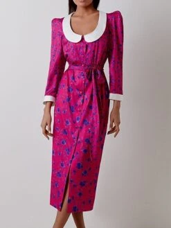 Women's Work Dress Casual Dress Shift Dress Fashion Winter Dress Daily Midi Dress Lace Up Patchwork Shirt Collar Long Sleeve Floral Color Block Regular Fit Pink Red Fall Winter S M L -Tesla Style uwfnmg1695645256230