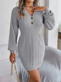 Women's Sweater Dress Winter Dress Jumper Dress Mini Dress Active Pure Color Outdoor Casual Holiday Vacation V Neck Long Sleeve Button 2023 Regular Fit White Pink Green S M L -Tesla Style uwnwxy1696926543408
