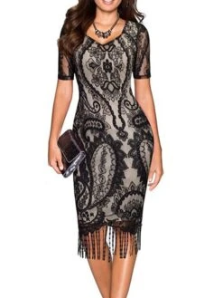 Women's Party Dress Fringe Dress Lace Dress Midi Dress Black Wine Blue Short Sleeve Floral Tassel Fringe Spring Fall Winter V Neck Fashion Birthday Wedding Guest Vacation 2023 S M L XL XXL