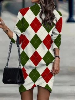 Women's Casual Dress Sweatshirt Dress Winter Dress Geometric Plaid Ruched Print Turtleneck Mini Dress Fashion Streetwear Outdoor Daily Long Sleeve Loose Fit Pink Burgundy Purple Fall Winter S M L XL -Tesla Style uwtlkb1694597561957