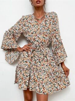 Women's Work Dress Casual Dress Sheath Dress Fashion Winter Dress Office Daily Mini Dress Lace Up Print V Neck Long Sleeve Floral Loose Fit Apricot Fall Winter S M L XL -Tesla Style uwtqtc1695030983037