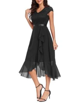 Women's Party Dress Lace Dress Cocktail Dress Midi Dress Black Wine Navy Blue Short Sleeve Pure Color Lace Spring Fall Winter V Neck Fashion Winter Dress Wedding Guest Vacation 2023 S M L XL XXL -Tesla Style uwxxjc1692179106814