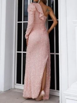 Women‘s Prom Dress Party Dress Sequin Dress Long Dress Maxi Dress Silver Pink Wine Long Sleeve Pure Color Sparkly Glitter Sequins Fall Winter Autumn One Shoulder Fashion Winter Dress Evening -Tesla Style uwyelk1694661300221
