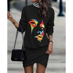 Women's Sweatshirt Dress Winter Dress Shift Dress Midi Dress Black And White Black Gray Black And White Stripes 3/4 Length Sleeve Print Print Fall Winter Autumn Turtleneck Fashion 2023 S M L XL 2XL -Tesla Style uxbzfk1664332397128