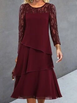 Women's Party Dress Lace Dress Cocktail Dress Midi Dress Wine Navy Blue Long Sleeve Pure Color Lace Spring Fall Winter Crew Neck Fashion Wedding Guest Vacation 2023 S M L XL XXL 3XL -Tesla Style uxlhyx1694057372543