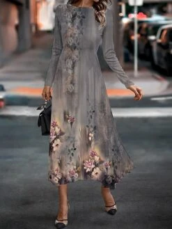 Women's Work Dress Casual Dress Semi Formal Dress Fashion Winter Dress Daily Midi Dress Print Crew Neck Long Sleeve Floral Slim Blue Brown Green Fall Winter S M L XL XXL -Tesla Style uxnvog1694750414164