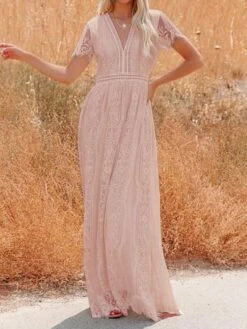 Women's Party Dress Lace Dress White Dress Long Dress Maxi Dress White Pink Half Sleeve Pure Color Lace Summer Spring Fall V Neck Gothic Party Spring Dress 2022 S M L XL XXL -Tesla Style uxtaxu1646820793893