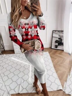 Women‘s Christmas Sweater Dress Jumper Dress Winter Dress Warm Plaid Snowflake Outdoor Christmas Daily Holiday V Neck Long Sleeve 2023 Regular Fit Wine Blue Green S M L XL XXL 3XL