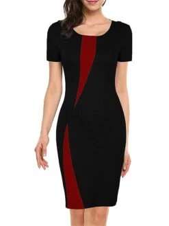 Women's Work Dress Sheath Dress Semi Formal Dress Fashion Midi Dress Patchwork Crew Neck Short Sleeve Color Block Slim Black White Wine Summer Spring S M L XL XXL -Tesla Style uybjbm1679311686864
