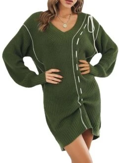 Women's Sweater Dress Jumper Dress Casual Dress Mini Dress Active Pure Color Outdoor Casual Holiday Vacation V Neck Long Sleeve 2023 Regular Fit Green Beige S M L -Tesla Style uygyuy1692948085830