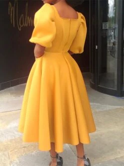 Women‘s Semi Formal Party Dress Wedding Guest Dress Satin Dress Swing Dress Midi Dress Yellow Blue Orange Half Sleeve Pure Color Ruched Winter Fall Square Neck 2023 S M L XL XXL 3XL -Tesla Style uyidww1660640931825