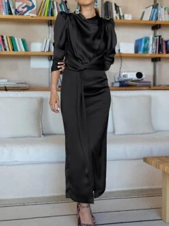 Women's Work Dress Satin Dress Semi Formal Dress Fashion Long Dress Maxi Dress Split Stand Collar Long Sleeve Plain Regular Fit Black Blue Sky Blue Fall Winter S M L XL -Tesla Style uyqgud1692761654682