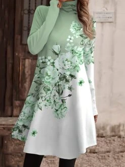 Women's Work Dress Casual Dress Fashion Winter Dress Daily Mini Dress Print Turtleneck Long Sleeve Floral Regular Fit Pink Navy Blue Blue Fall Winter S M L XL XXL -Tesla Style uyzicy1694156912520