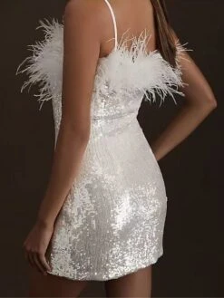 Women‘s Party Dress Sequin Dress Feather Dress Homecoming Dress Mini Dress White Sleeveless Pure Color Sparkly Glitter Sequins Spring Fall Winter Spaghetti Strap Fashion Winter Dress Wedding -Tesla Style uzgfpe1692167814645