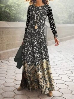 Women's Work Dress Casual Dress A Line Dress Fashion Winter Dress Daily Long Dress Maxi Dress Print Crew Neck Long Sleeve Geometric Color Block Regular Fit Black Orange Khaki Fall Winter S M L XL XXL -Tesla Style uzhvvr1694426142064