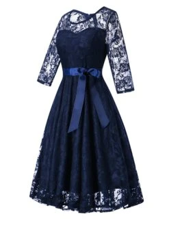 Women's Party Dress Lace Dress Wedding Guest Dress Midi Dress Wine Navy Blue 3/4 Length Sleeve Pure Color Lace Summer Spring Fall Crew Neck Fashion Party Wedding Guest Vacation 2022 S M L XL XXL -Tesla Style uztadg1631861643338