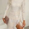 Women's Party Dress Fringe Dress Sheath Dress Mini Dress Silver Long Sleeve Pure Color Tassel Fringe Fall Winter High Neck Sexy Party Winter Dress Fall Dress Slim 2023 S M L XL XXL