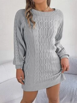 Women's Sweater Dress Winter Dress Jumper Dress Mini Dress Active Pure Color Outdoor Casual Holiday Vacation Crew Neck Long Sleeve 2023 Loose Fit Green Khaki Gray S M L -Tesla Style vacuwa1696991842246 1