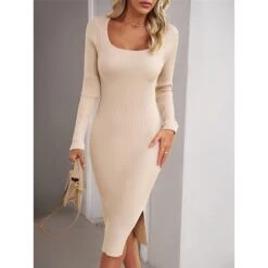 Women's Sweater Dress Winter Dress Jumper Dress Midi Dress Split Daily Date Going Out Active Fashion Crew Neck Long Sleeve 2023 Slim Black Blue Green Color S M L XL Size -Tesla Style vadqrf1692353021901