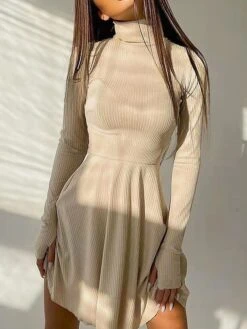 Women's Sweater Dress Jumper Dress Casual Dress Mini Dress Fashion Pure Color Outdoor Daily Vacation Going Out Turtleneck Long Sleeve Patchwork 2023 Loose Fit Pink Blue Brown S M L -Tesla Style vaponk1695643862230