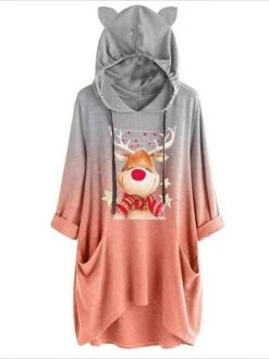Women's Casual Dress Christmas Dress Hoodie Dress Ombre Deer Pocket Print Hooded Mini Dress Active Fashion Outdoor Christmas Long Sleeve Loose Fit Yellow Pink Orange Fall Winter S M L XL XXL
