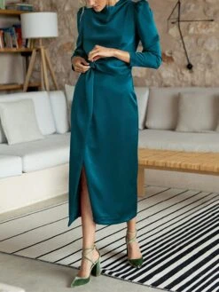 Women's Work Dress Satin Dress Semi Formal Dress Fashion Long Dress Maxi Dress Split Stand Collar Long Sleeve Plain Regular Fit Black Blue Sky Blue Fall Winter S M L XL -Tesla Style vayede1692761656384