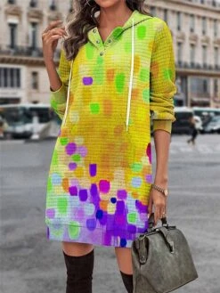 Women's Casual Dress Hoodie Dress Mini Dress Warm Fashion Outdoor Vacation Going Out Hoodie Pocket Print Geometric Regular Fit Yellow Pink Blue S M L XL XXL -Tesla Style vbanlv1695027778576