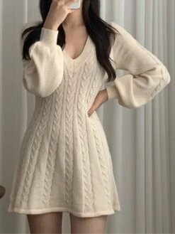 Women's Sweater Dress Jumper Dress Casual Dress Mini Dress Fashion Pure Color Outdoor Daily Going Out V Neck Long Sleeve 2023 Regular Fit Black Pink Khaki One Size -Tesla Style vbicep1695805289295