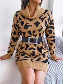 Women's Sweater Dress Jumper Dress Casual Dress Mini Dress Fashion Leopard Outdoor Daily Going Out Turtleneck Long Sleeve 2023 Loose Fit Black Wine Khaki S M L -Tesla Style vbpzvi1694756286897