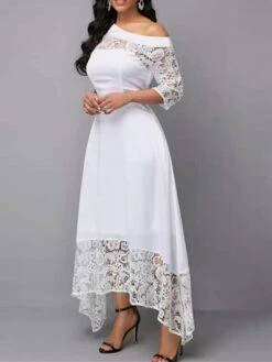 Women‘s Party Dress Wedding Guest Dress Lace Dress White Dress Long Dress Maxi Dress White 3/4 Length Sleeve Pure Color Lace Winter Fall Autumn Cold Shoulder Elegant Spring Dress 2023 S M L XL XXL -Tesla Style vbtqqn1627554914487