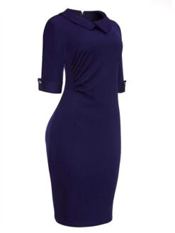 Women's Work Dress Sheath Dress Semi Formal Dress Fashion Office Daily Workfashion Midi Dress Ruched Shirt Collar Half Sleeve Plain Slim Black Wine Navy Blue Fall Winter S M L XL XXL -Tesla Style vbuevt1695030998013