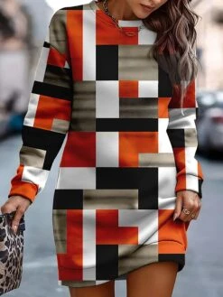 Women's Casual Dress Sweatshirt Dress Mini Dress Warm Fashion Outdoor Holiday Vacation Crew Neck Print Geometric Loose Fit Yellow Red Blue S M L XL XXL -Tesla Style vbvyvd1693886821678
