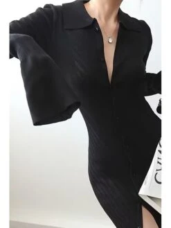 Women's Jumper Dress Knit Dress Midi Dress Daily Pure Color Casual Daily Turtleneck Long Sleeve Patchwork 2023 Regular Fit Black Green One Size -Tesla Style vccfsj1694499991802