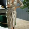 Women's Party Dress Sequin Dress Homecoming Dress Midi Dress Gold Long Sleeve Pure Color Ruched Spring Fall Winter Deep V Fashion Party Wedding Guest Evening Party 2023 S M L XL -Tesla Style vcjlmj1671012830821