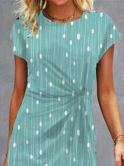 Women's Work Dress Sheath Dress Semi Formal Dress Fashion Midi Dress Ruched Print Crew Neck Short Sleeve Polka Dot Stripe Loose Fit Green Summer Spring S M L XL XXL -Tesla Style vcpgbs1681882738997