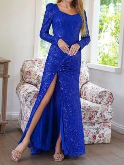 Women‘s Prom Dress Party Dress Sequin Dress Long Dress Maxi Dress Blue Long Sleeve Pure Color Sparkly Glitter Sequins Fall Winter Autumn Square Neck Fashion Winter Dress Wedding Guest Birthday
