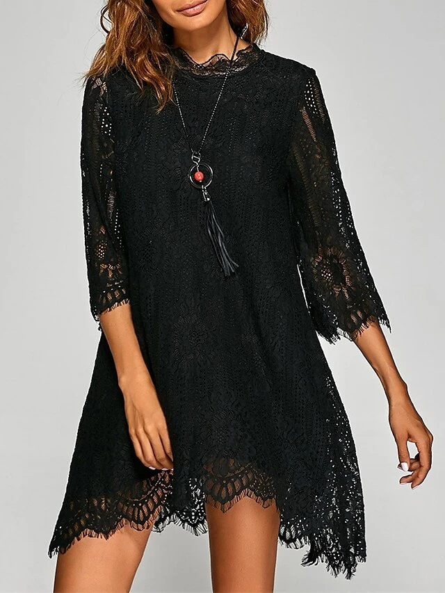 Women's Work Dress Party Dress Lace Dress Fashion Mini Dress Lace Stand Collar 3/4 Length Sleeve Plain Regular Fit Black White Spring Fall S M L XL XXL 4 Women's Work Dress Party Dress Lace Dress Fashion Mini Dress Lace Stand Collar 3/4 Length Sleeve Plain Regular Fit Black White Spring Fall S M L XL XXL - Image 2