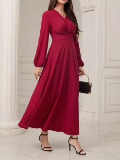 Women's Party Dress Cocktail Dress Wedding Guest Dress Long Dress Maxi Dress Red Long Sleeve Pure Color Ruched Fall Winter Autumn V Neck Fashion Winter Dress Wedding Guest Vacation 2023 S M L XL -Tesla Style vdkshj1695111805511