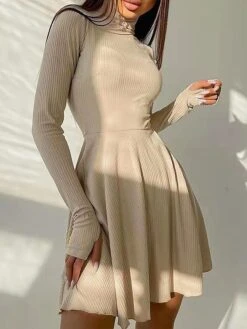Women's Sweater Dress Jumper Dress Casual Dress Mini Dress Fashion Pure Color Outdoor Daily Vacation Going Out Turtleneck Long Sleeve Patchwork 2023 Loose Fit Pink Blue Brown S M L -Tesla Style vdnknk1695643861108